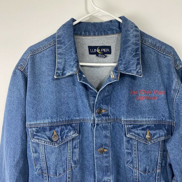 Denim Jean Jacket Blue Seul Choix Point Lighthouse Gulliver Michigan Sz M - Picture 3 of 8